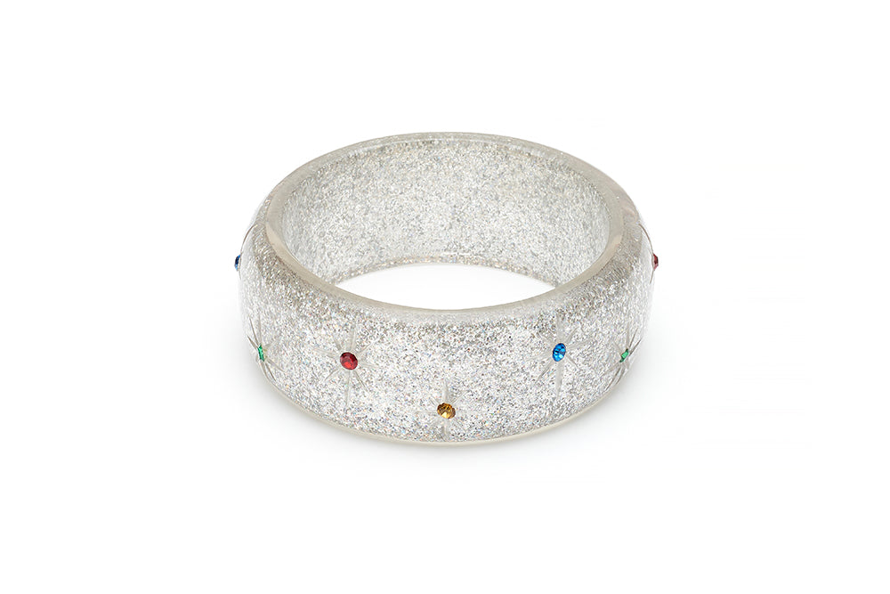 Wide Rainbow Jewel Carved Silver Glitter Bangle