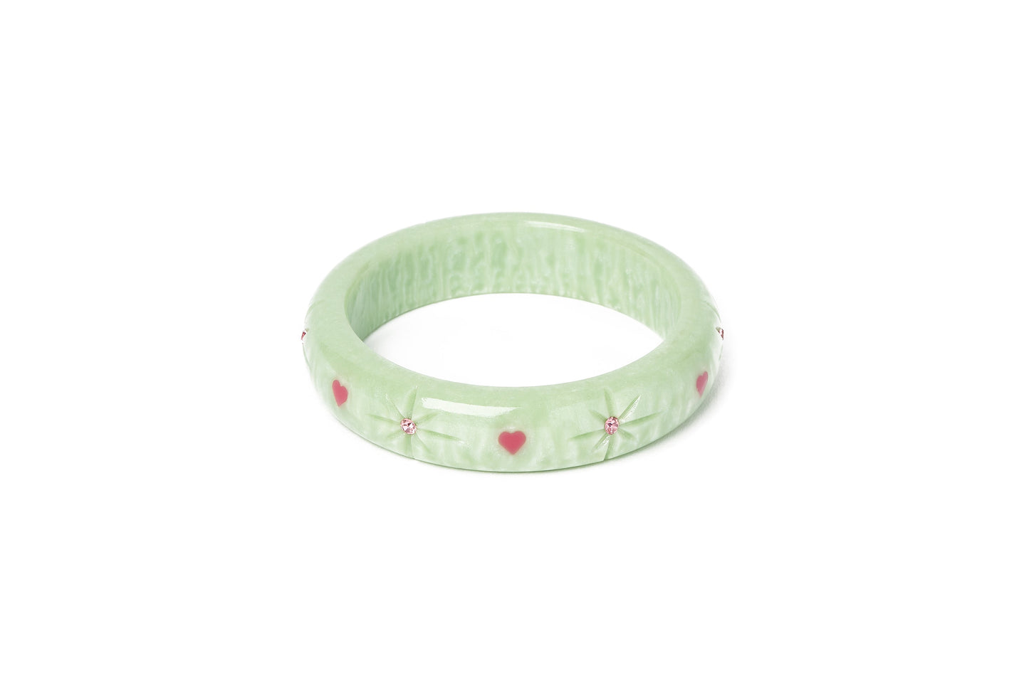 Splendette vintage inspired 1950s Valentine's style carved pastel green fakelite small size Midi Sweet Pea Starburst Maiden Bangle