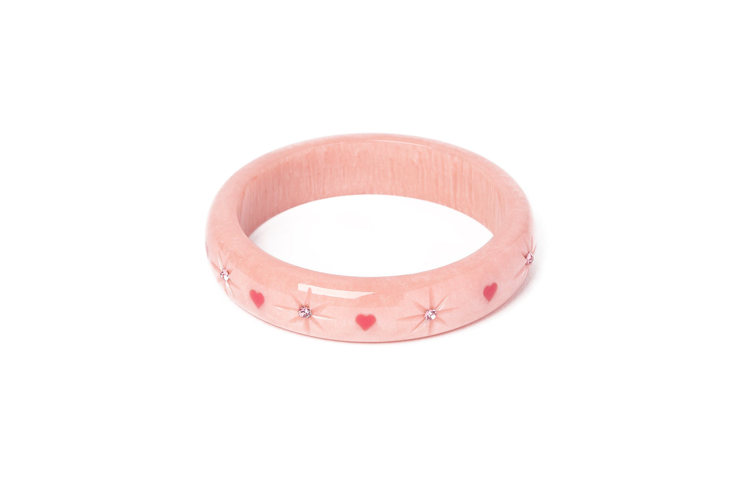 Splendette vintage inspired 1950s Valentine's style carved pink fakelite Midi Sweet Cheeks Starburst Bangle