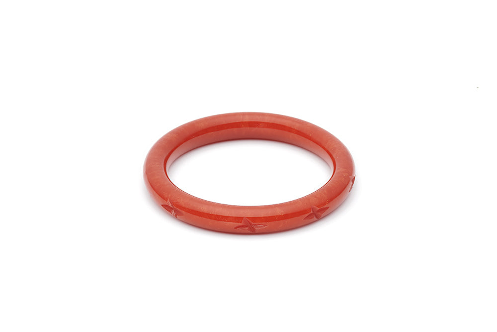 Splendette vintage inspired 1940s style carved orange Narrow Golden Amber Fakelite Bangle in Maiden size