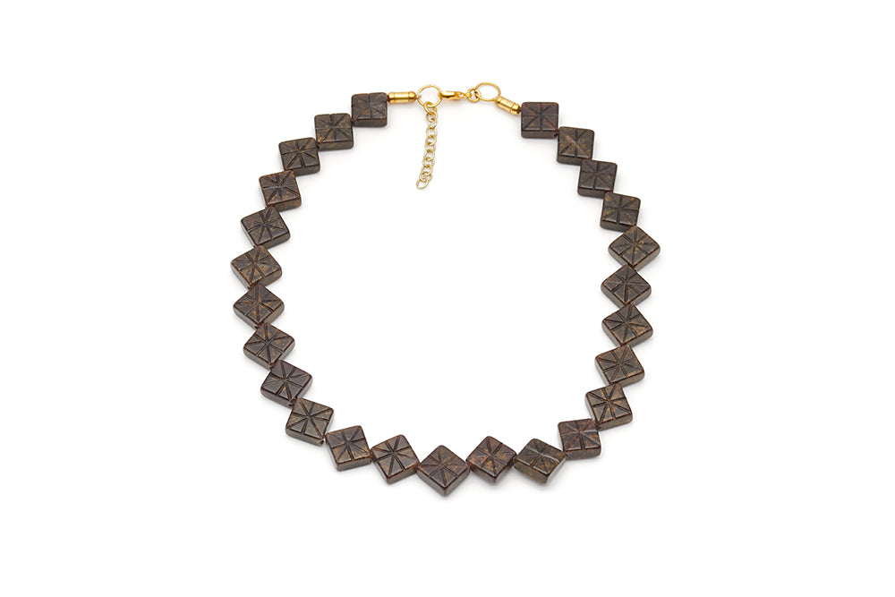 Splendette vintage inspired 1940s style carved brown Golden Espresso Fakelite Necklace