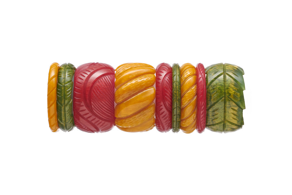 Splendette vintage inspired 1940s Bakelite style Golden Fakelite bangle stack with red Bordeaux, yellow Mustard and green Olive