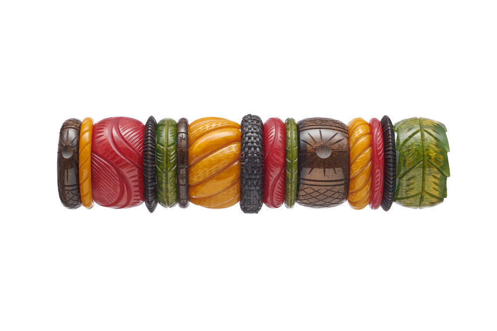 Splendette vintage inspired 1940s Bakelite style Golden Fakelite bangle stack with yellow Mustard, brown Espresso, red Bordeaux and green Olive with dark woven bangles