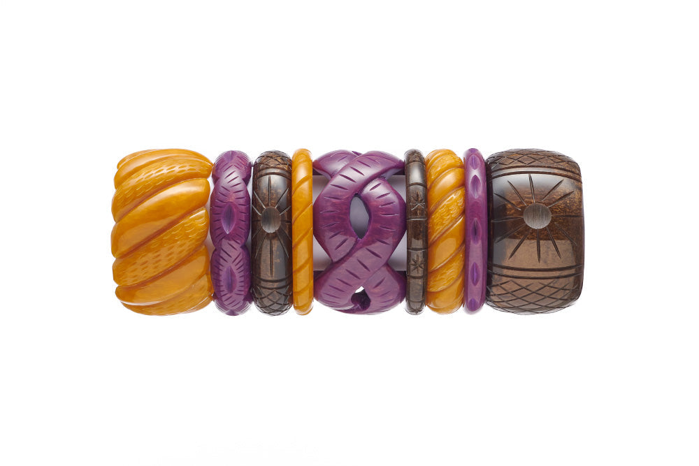 Splendette vintage inspired 1940s Bakelite style Golden Fakelite bangle stack with yellow Mustard, purple Plum and brown Espresso