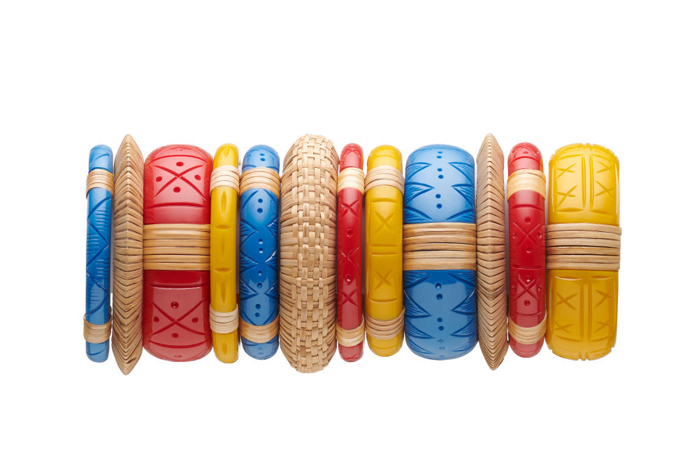 Splendette vintage inspired 1940s 1950s holiday vacation style carved fakelite bangle stack with light woven bangles. Blue Pacific, red Rosella and yellow Ochre