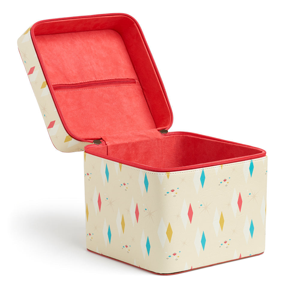 Open Vintage style travel jewellery box in atomic diamonds design