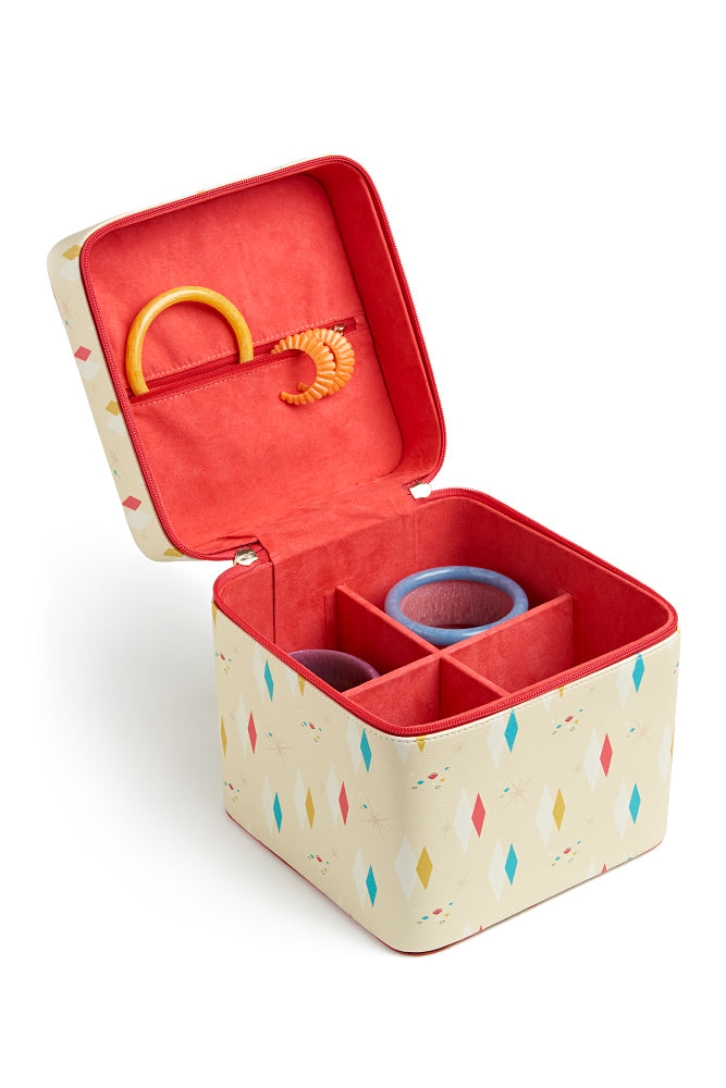 Open Vintage style travel jewellery box in atomic diamonds design with bangles