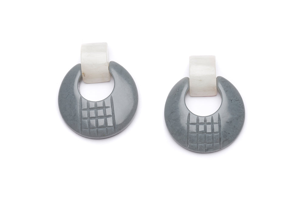 Vintage Style Drop Hoop Earrings in Stone and Cloud Grey Fakelite