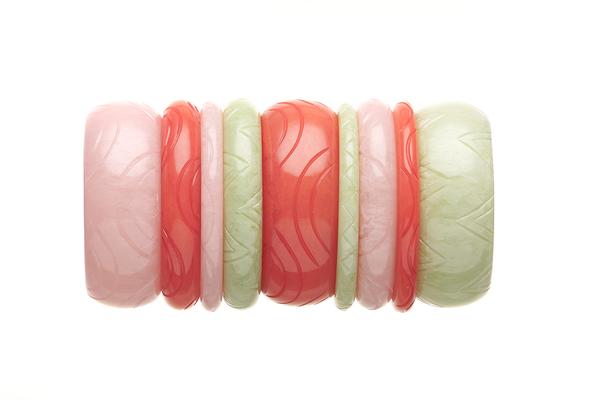 1950s Style Bangle Stack in Peach and Green Fakelite