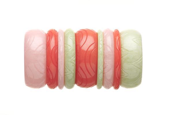 1950s Style Bangle Stack in Peach and Green Fakelite