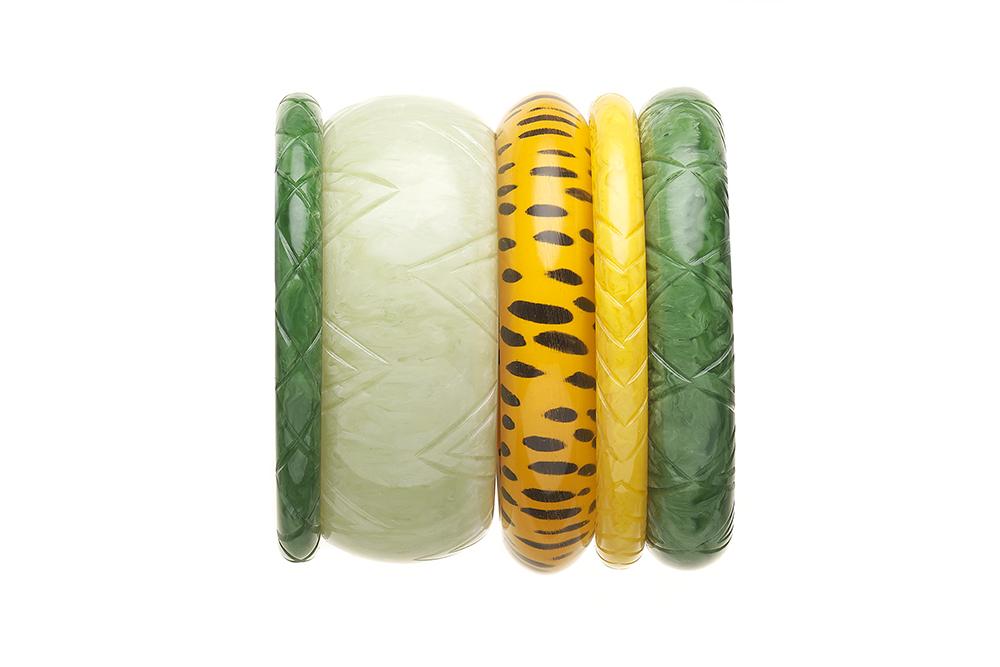Handmade 1940s Style Bangle Stack in Green and Yellow Fakelite