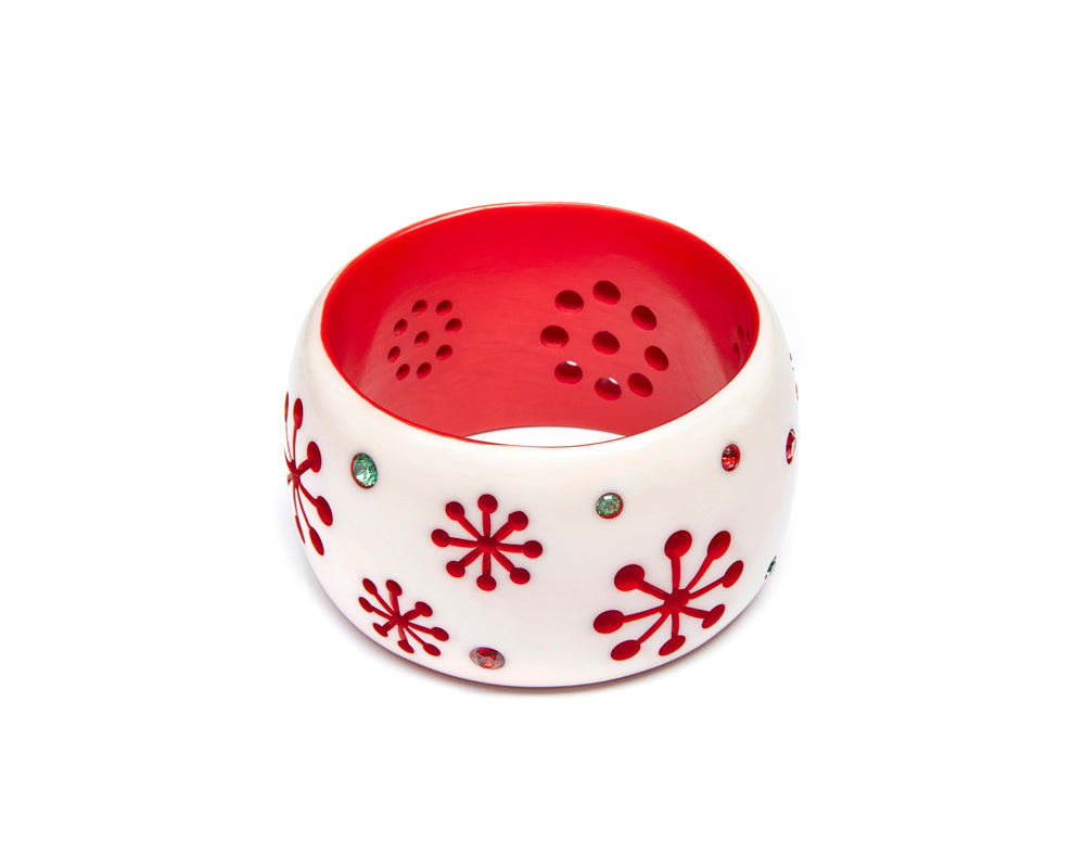 Splendette vintage inspired 1950s mid-century Christmas style white and red Extra Wide Lumi Atomic Snowflake Bangle in larger Duchesssize