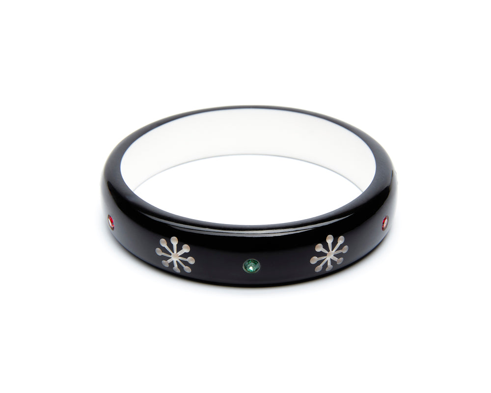Splendette vintage inspired 1950s mid-century Christmas style black Midi Musta Atomic Snowflake Bangle in Classic size