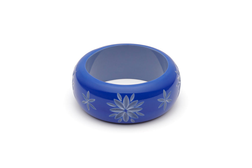 Splendette vintage inspired 1950s style Spring 2021 blue Duotone fakelite Wide Cornflower Carved Maiden Bangle