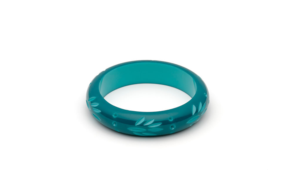 Splendette vintage inspired 1950s style teal Duotone fakelite Midi Dragonfly Carved Bangle in Maiden size