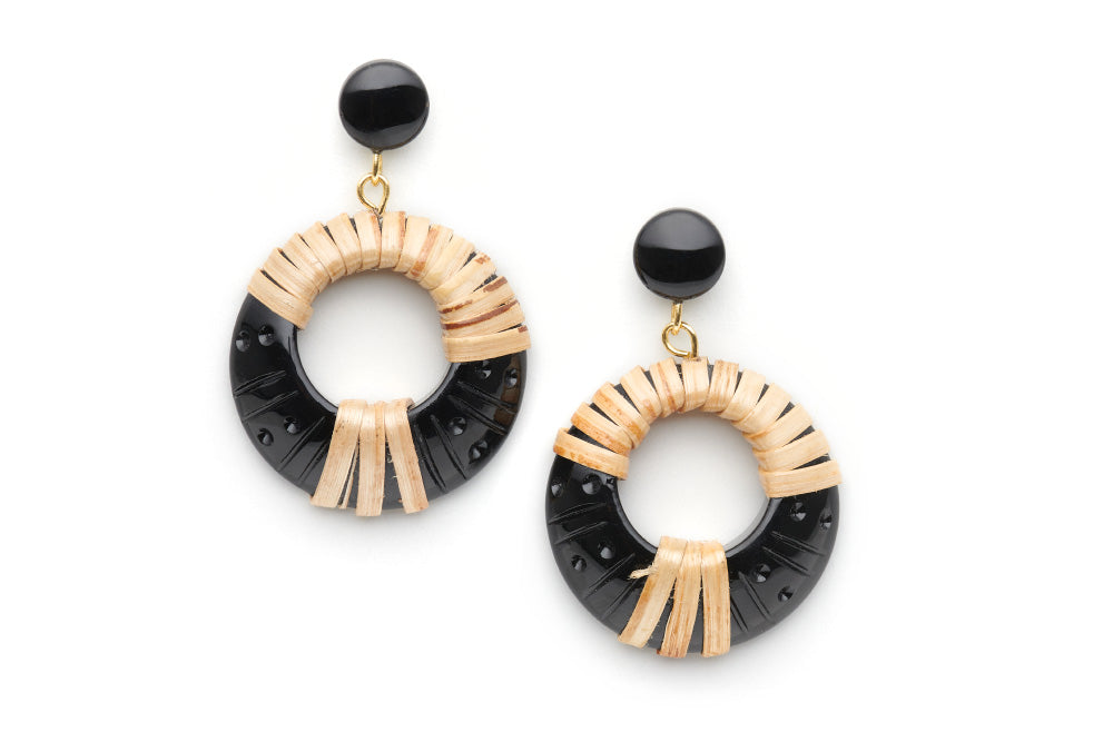 Splendette vintage inspired 1940s 1950s Bakelite Style black carved fakelite Panther Light Cane Drop Hoop Earrings