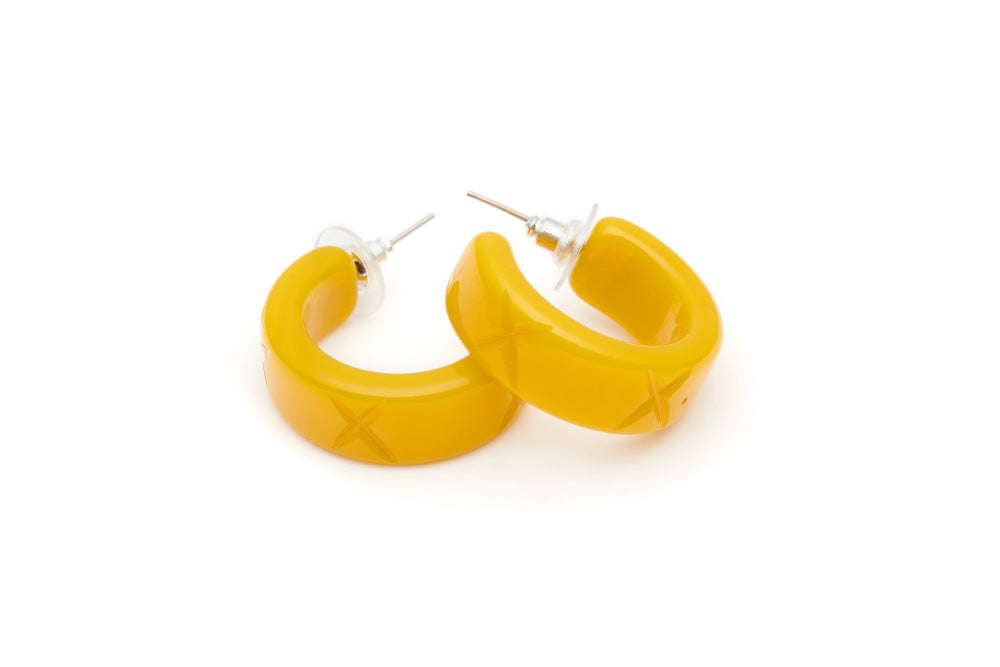 Splendette vintage inspired 1940s 1950s tropical style carved yellow fakelite Ochre Carved Hoop Earrings