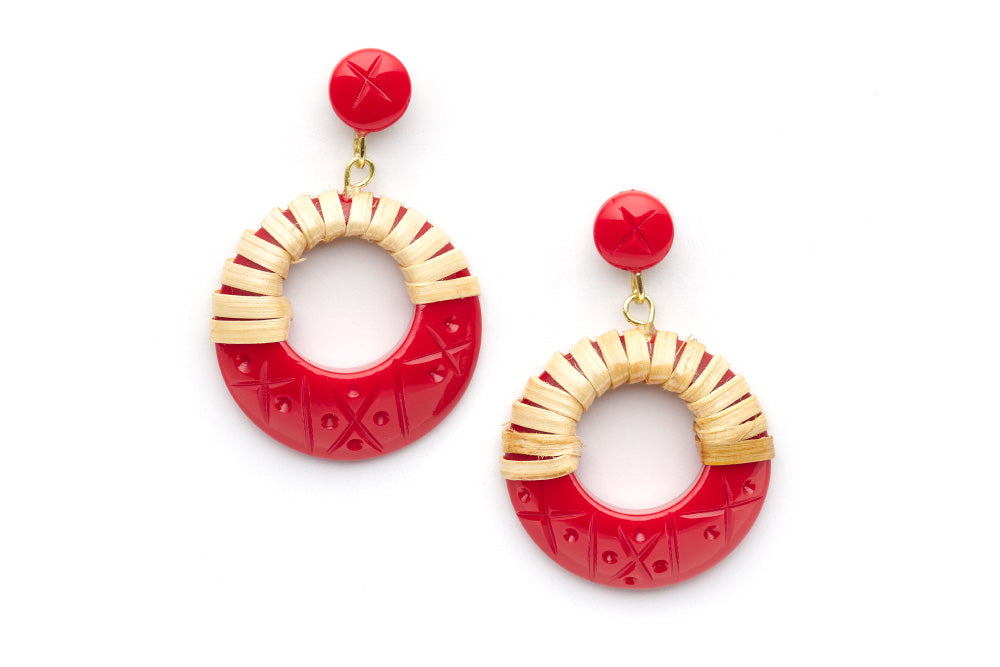 Splendette vintage inspired 1940s 1950s tropical style carved red fakelite Rosella Light Cane Drop Hoop Earrings