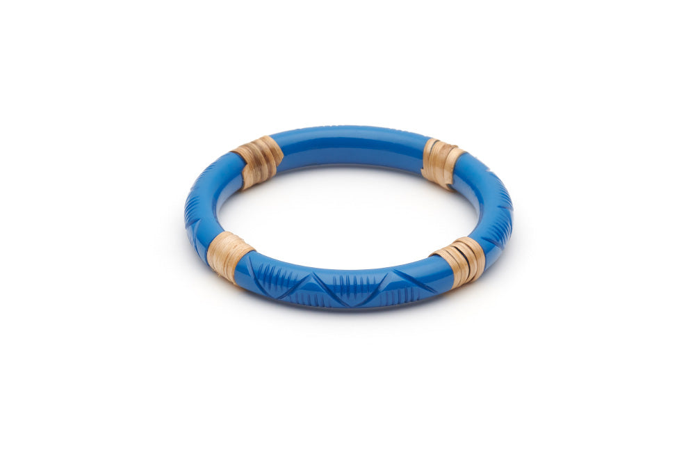 Splendette vintage inspired 1940s 1950s holiday vacation style carved blue fakelite Narrow Pacific Light Cane Bangle in Classic size.