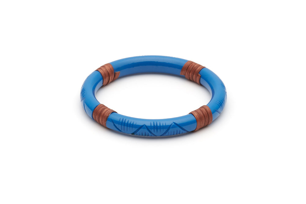 Splendette vintage inspired 1940s 1950s holiday vacation style carved blue fakelite Narrow Pacific Mid Cane Bangle in Classic size.