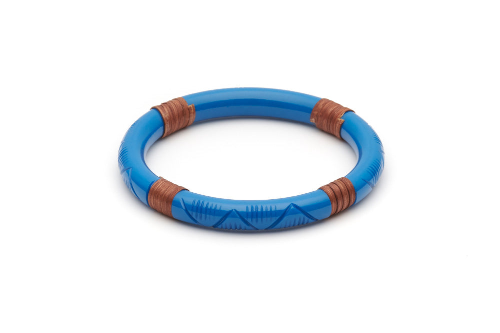 Splendette vintage inspired 1940s 1950s holiday vacation style carved blue fakelite Narrow Pacific Mid Cane Bangle in larger Duchess size.