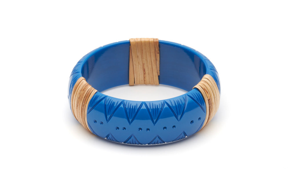 Splendette vintage inspired 1940s 1950s holiday vacation style carved blue fakelite Wide Pacific Light Cane Bangle in larger Duchess size.