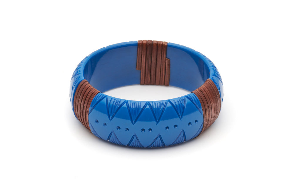 Splendette vintage inspired 1940s 1950s holiday vacation style carved blue fakelite Wide Pacific Mid Cane Bangle in larger Duchess size.