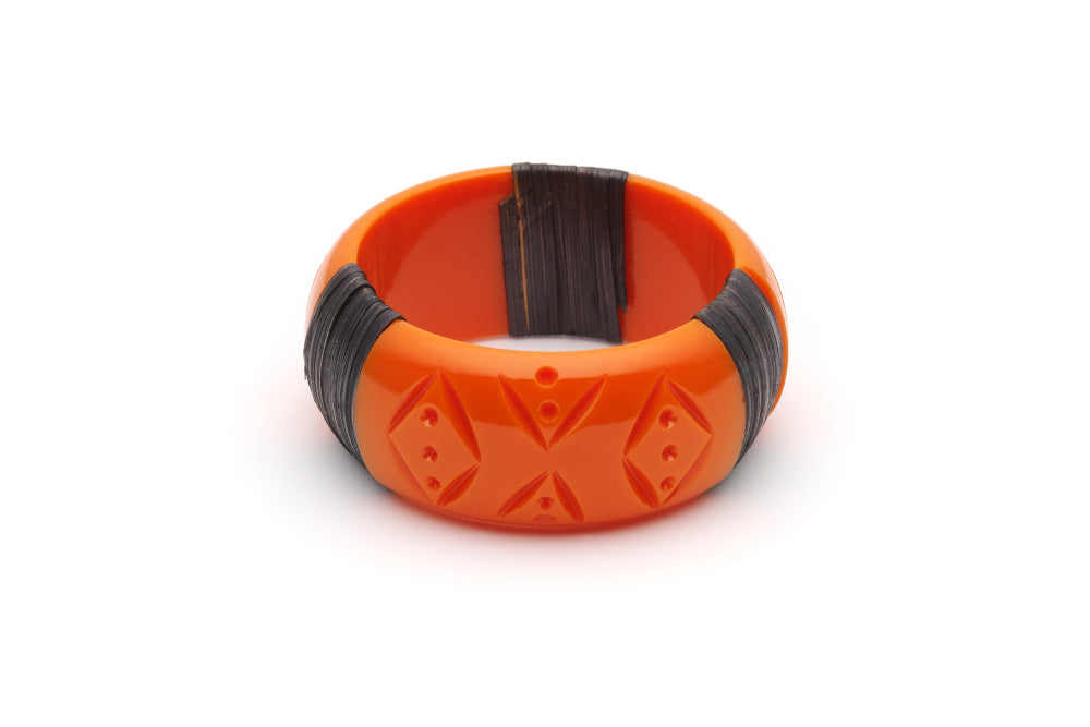Splendette vintage inspired 1940s 1950s tropical style carved orange fakelite Wide Tangerine Dark Cane Bangle in smaller Maiden size