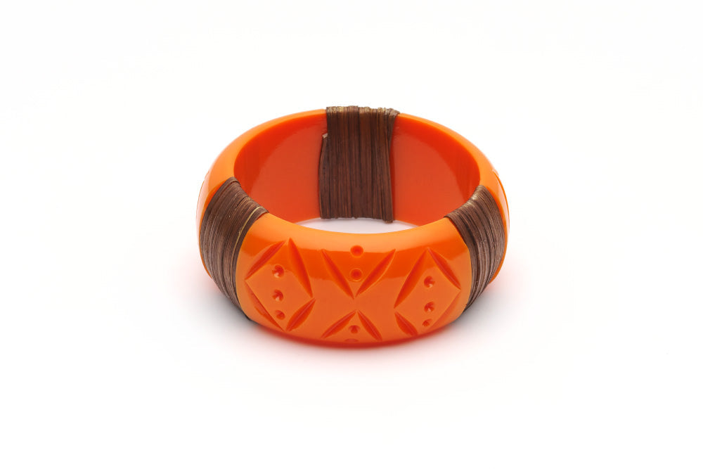 Splendette vintage inspired 1940s 1950s tropical style carved orange fakelite Wide Tangerine Mid Cane Bangle in smaller Maiden size