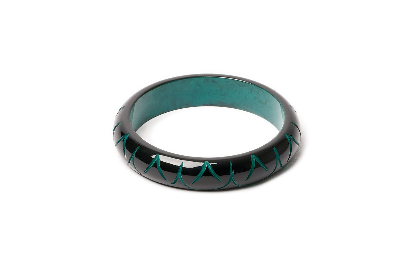 Splendette vintage inspired Art Deco style carved green fakelite Midi Black Drille Bangle