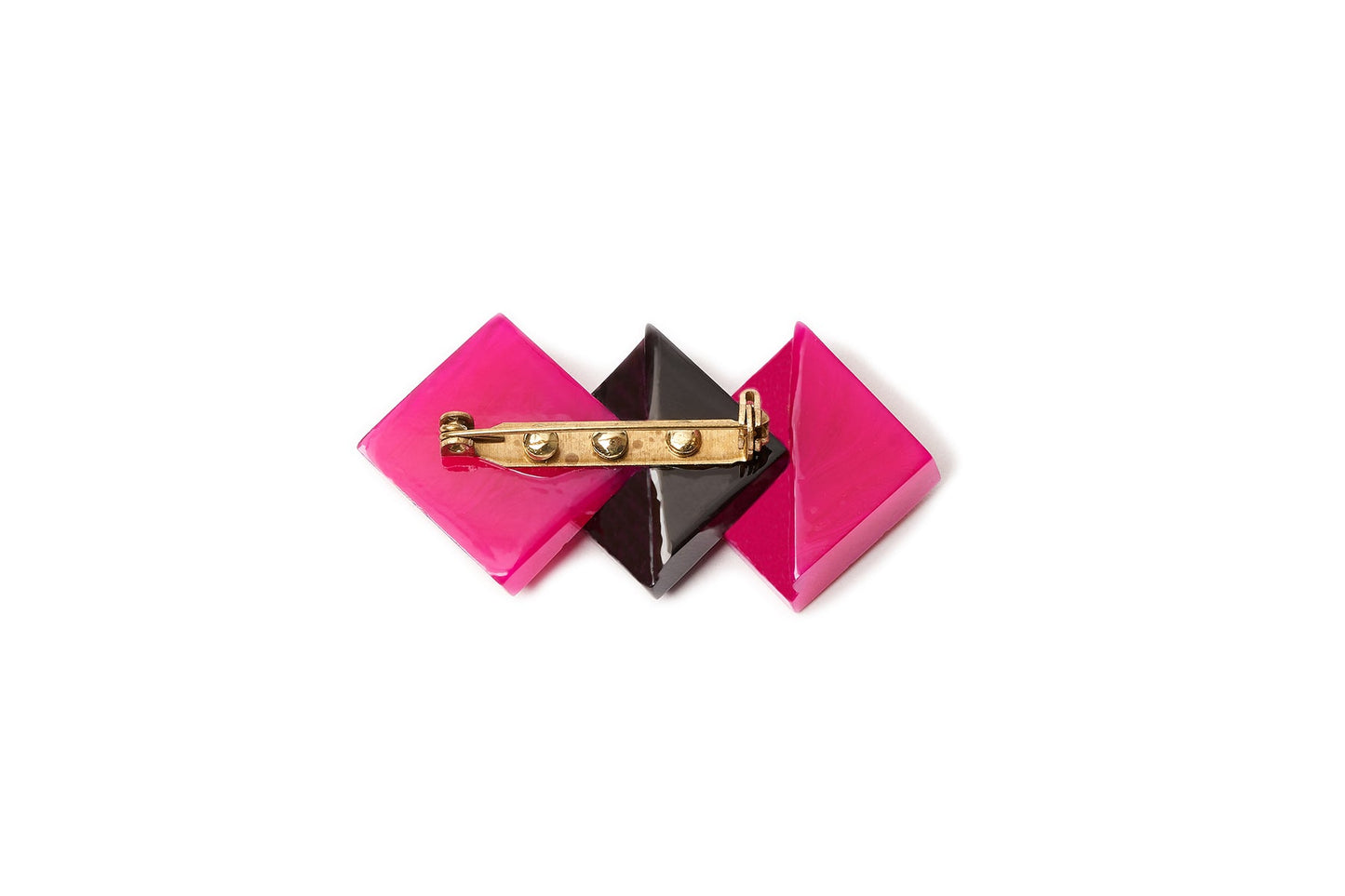Splendette vintage inspired 1940s Bakelite style carved pink and black Magenta Fakelite Brooch reverse