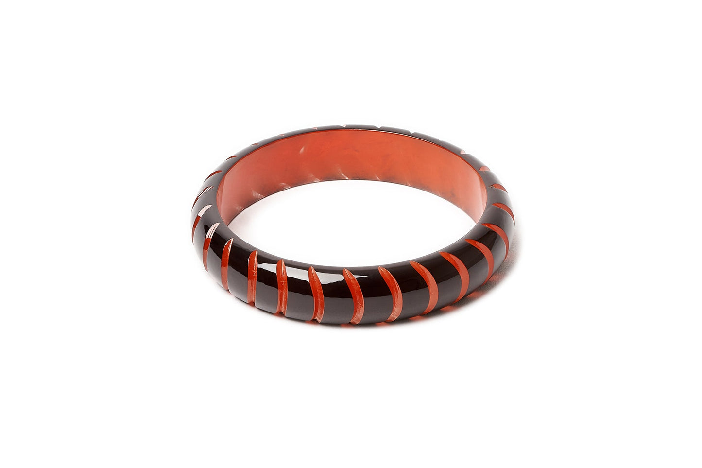 Splendette vintage inspired 1940s style carved orange fakelite Midi Black Paprika Bangle