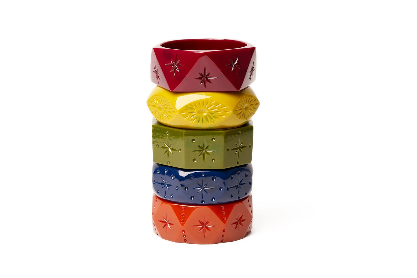 Splendette vintage inspired 1940s Bakelite style carved fakelite Wide bangles in purple Tayberry, yellow Citrine, green Khaki, navy blue Darkness and orange Rust