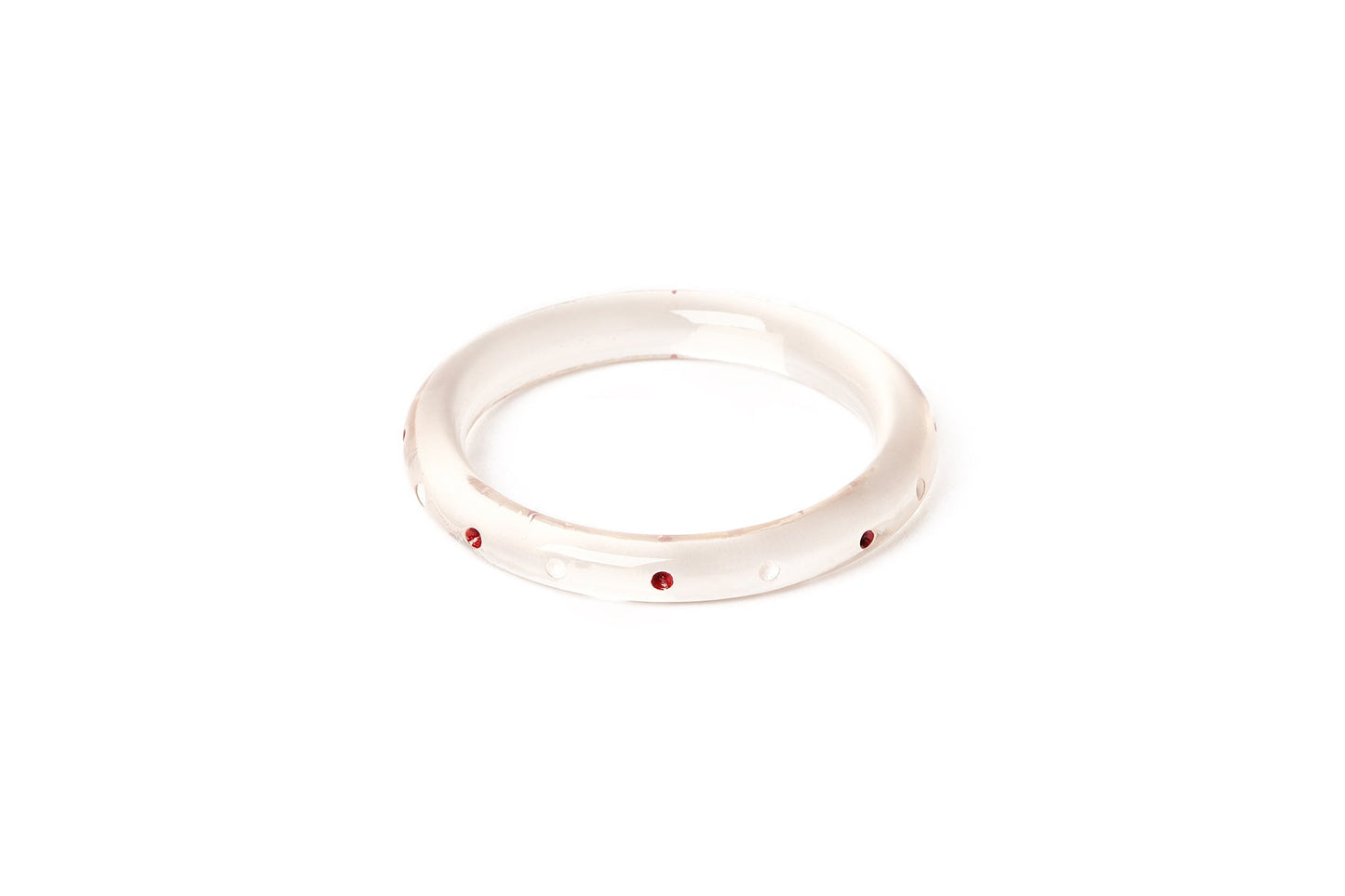 Splendette vintage inspired 1940s Bakelite style rockabilly red and white smaller size Narrow Cherries Clear Maiden Bangle