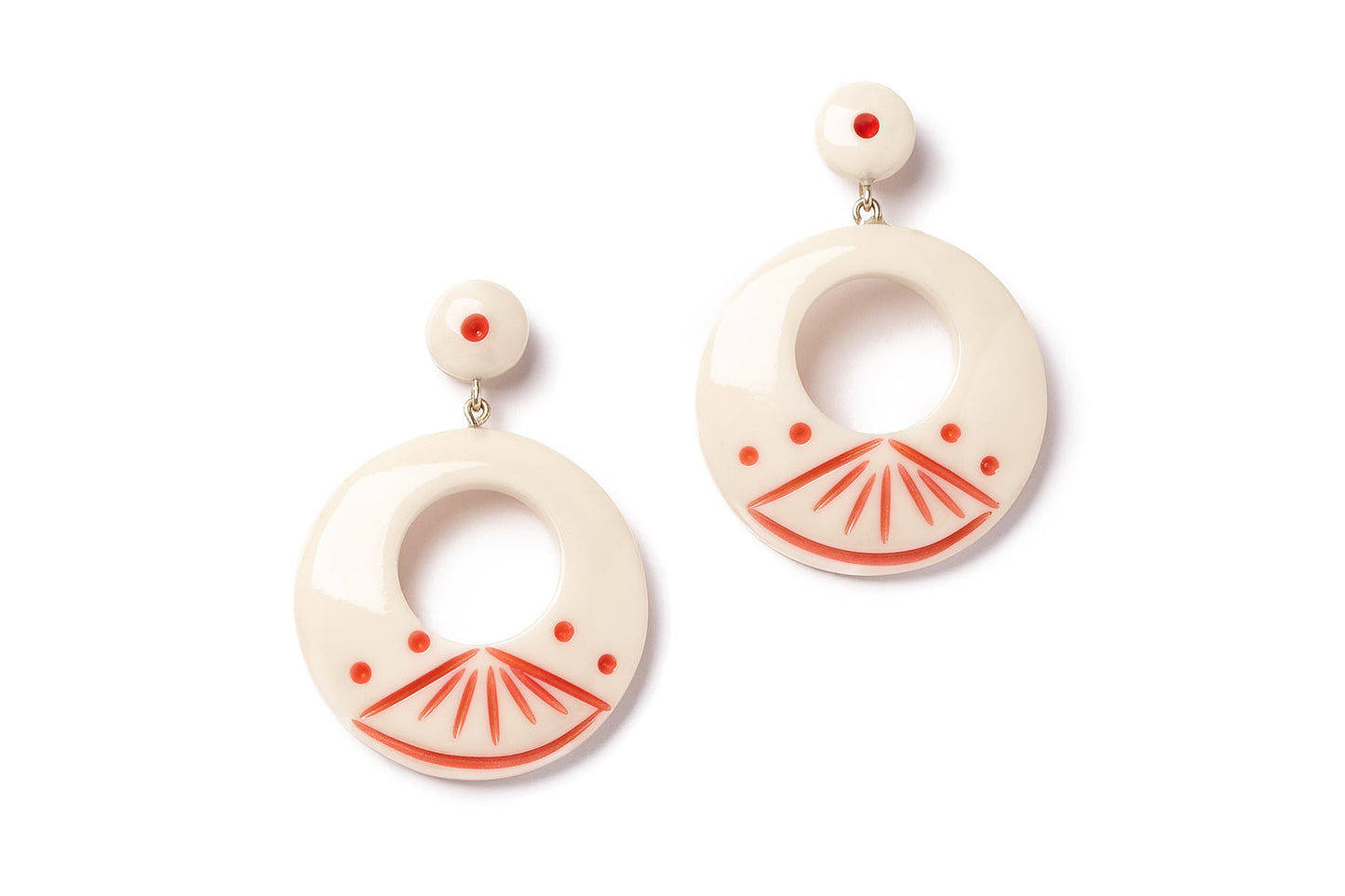 Splendette vintage inspired 1940s style carved coral pink fakelite Petal Cream Drop Hoop Earrings