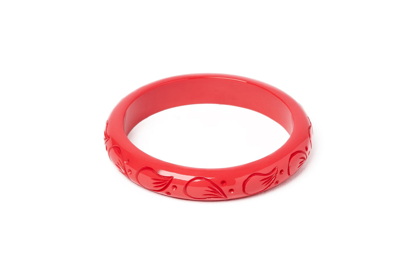 Splendette vintage inspired 1940s style carved coral pink fakelite large size Midi Petal Duchess Bangle