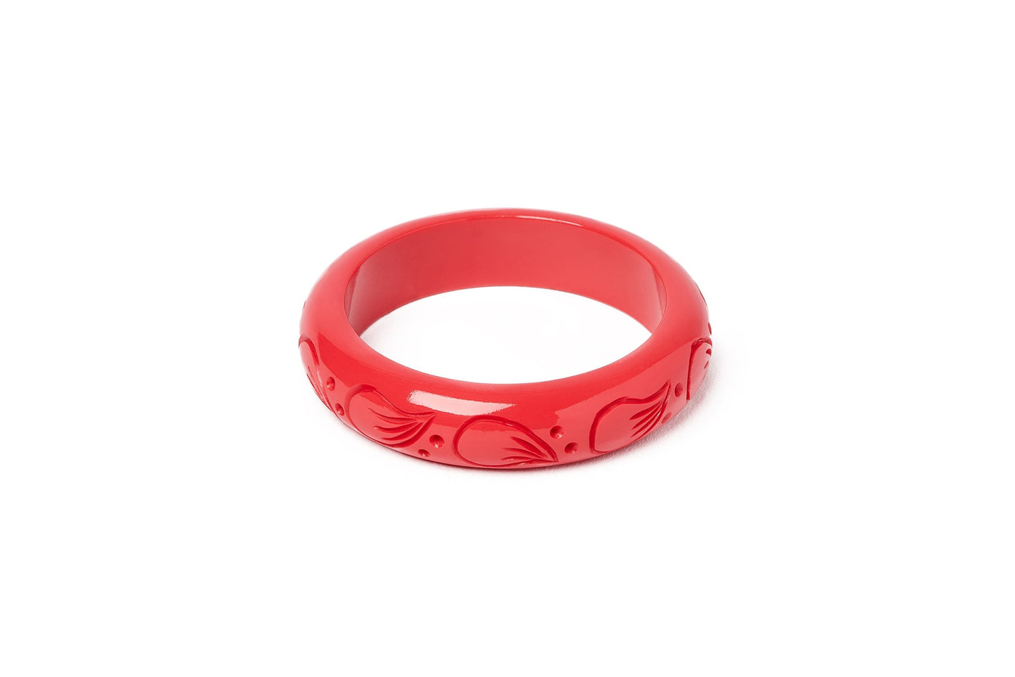Splendette vintage inspired 1940s style carved coral pink fakelite smaller size Midi Petal Maiden Bangle