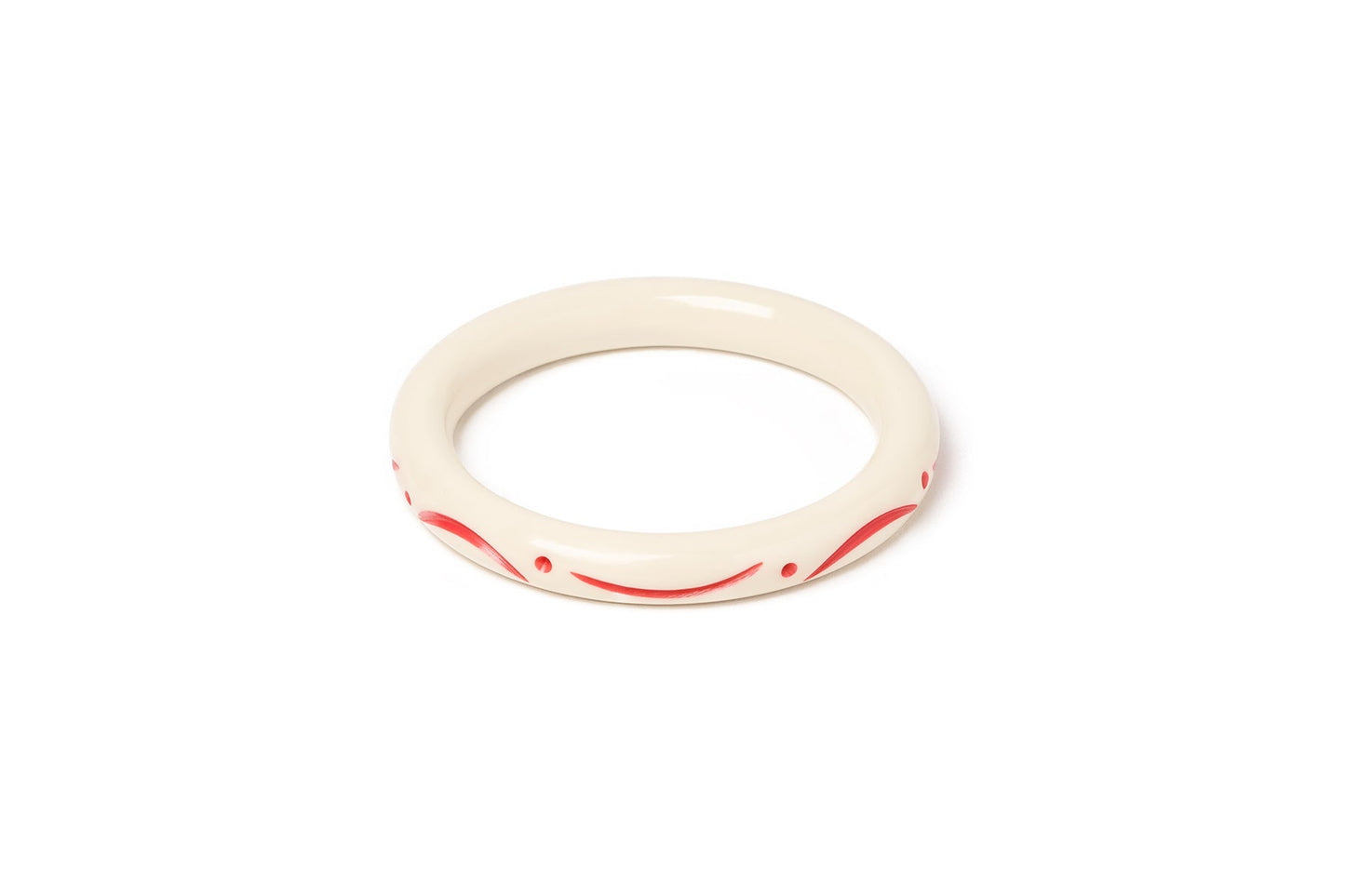 Splendette vintage inspired 1940s style carved coral pink fakelite smaller size Narrow Petal Cream Maiden Bangle