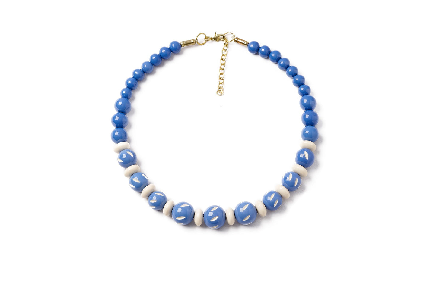 Splendette vintage inspired 1940s style carved blue fakelite Veronica Bead Necklace