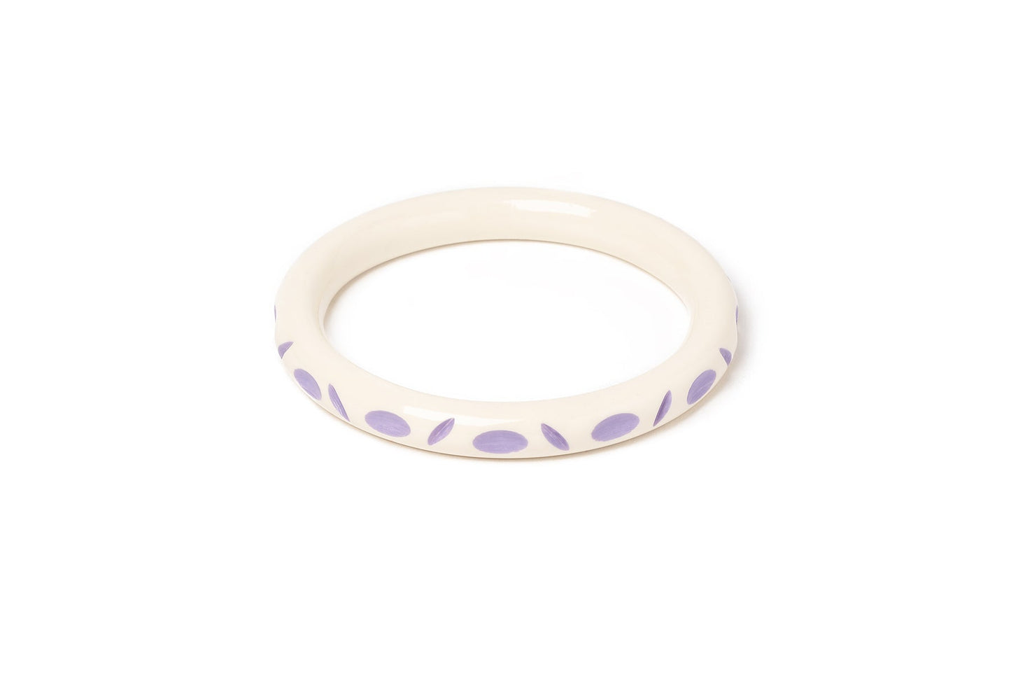 Splendette vintage inspired 1940s style pastel purple carved fakelite Narrow Petunia Cream Bangle