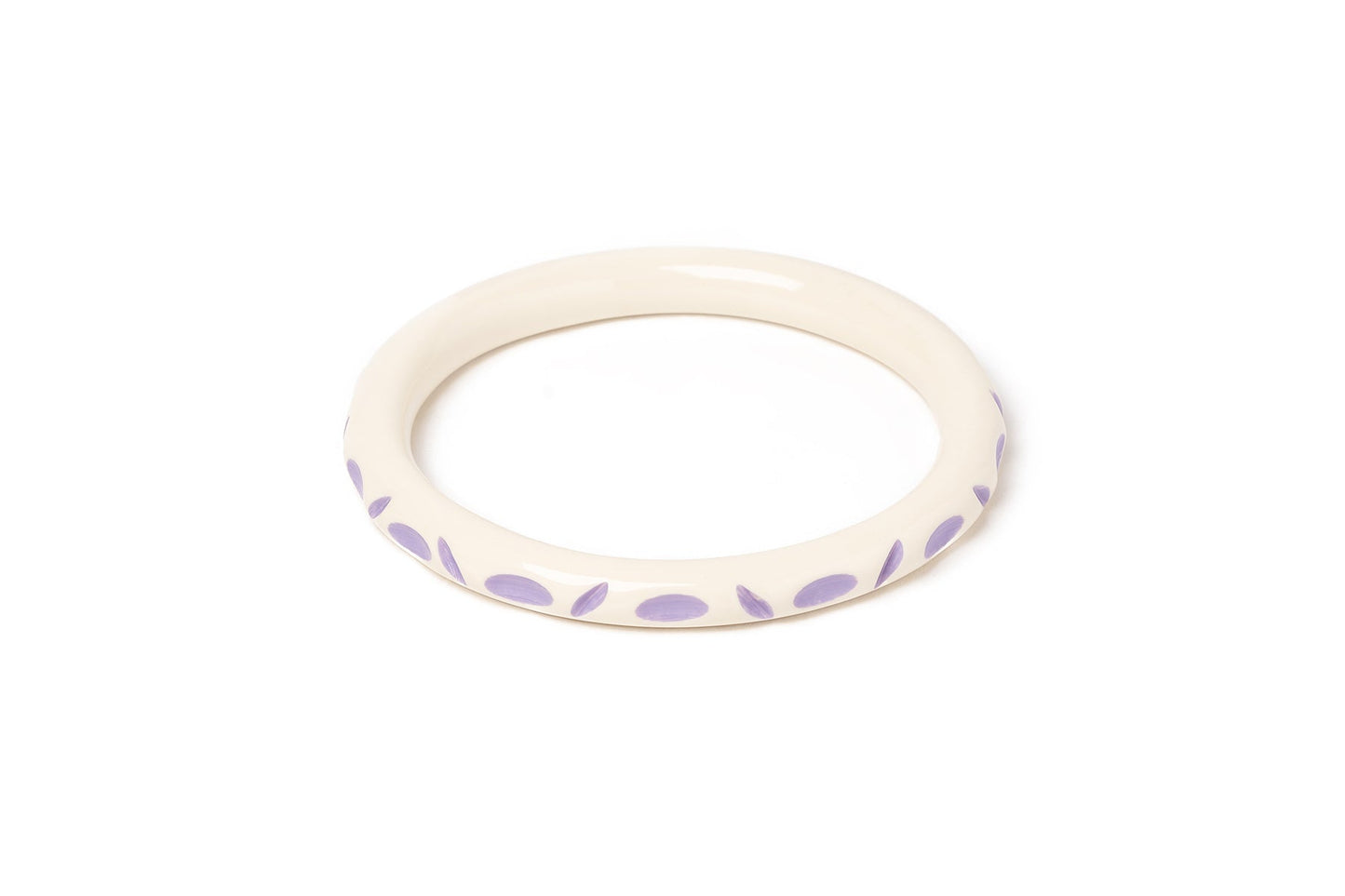 Splendette vintage inspired 1940s style pastel purple carved fakelite larger size Narrow Petunia Cream Duchess Bangle
