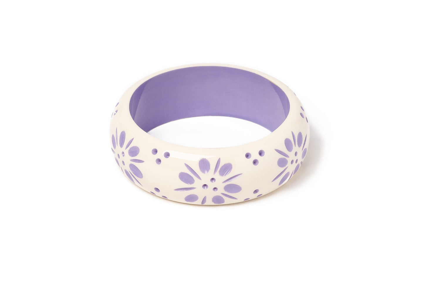 Splendette vintage inspired 1940s style pastel purple carved fakelite larger size Wide Petunia Cream Duchess Bangle