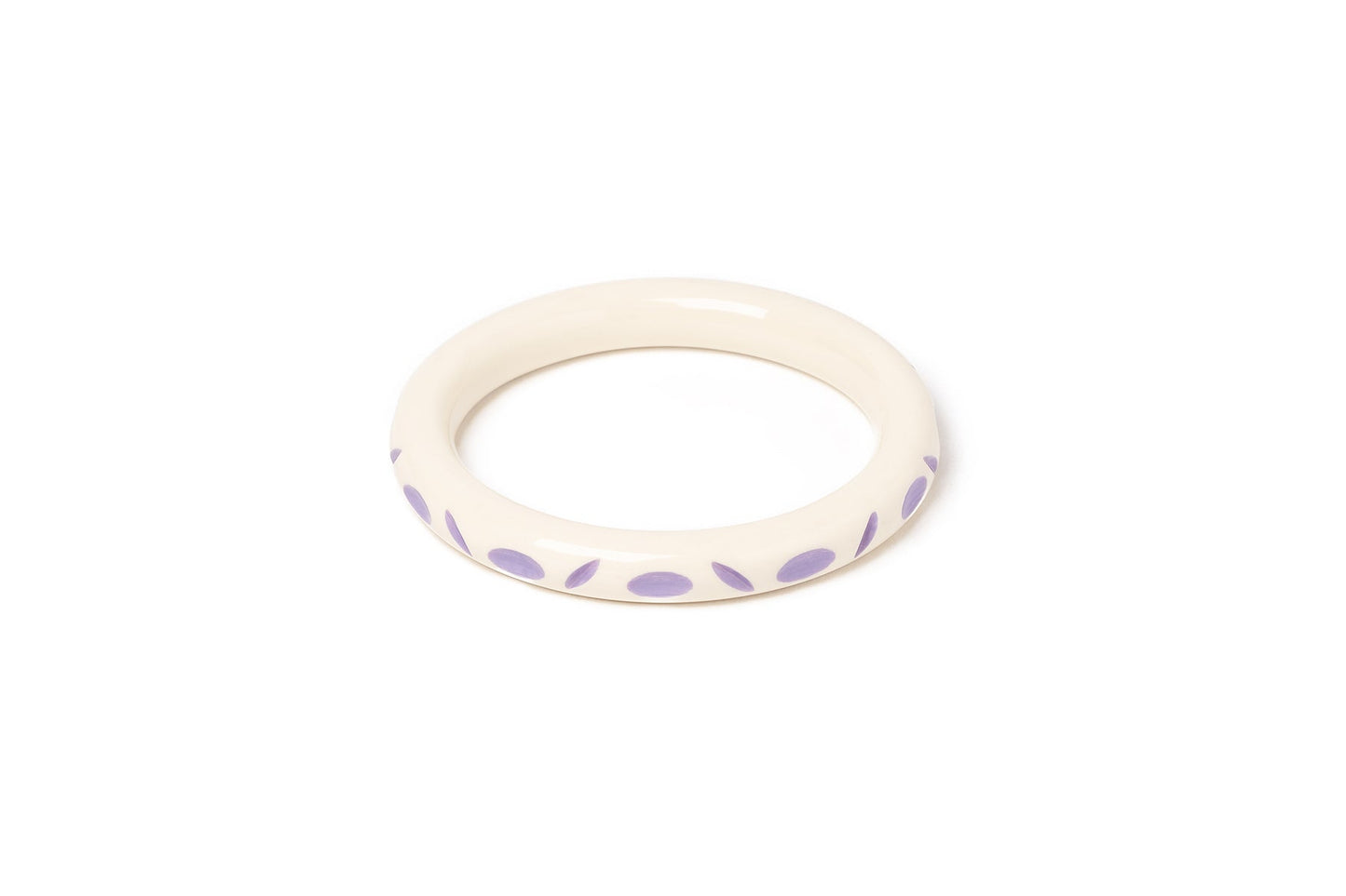 Splendette vintage inspired 1940s style pastel purple carved fakelite smaller Maiden Narrow Petunia Cream Maiden Bangle