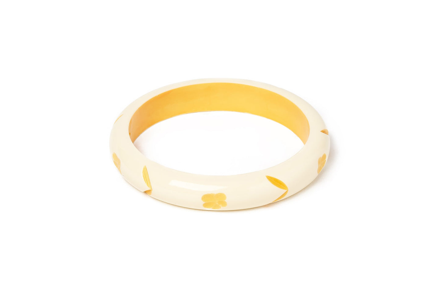Splendette vintage inspired 1940s style carved yellow pastel fakelite larger size Midi Primrose Cream Duchess Bangle