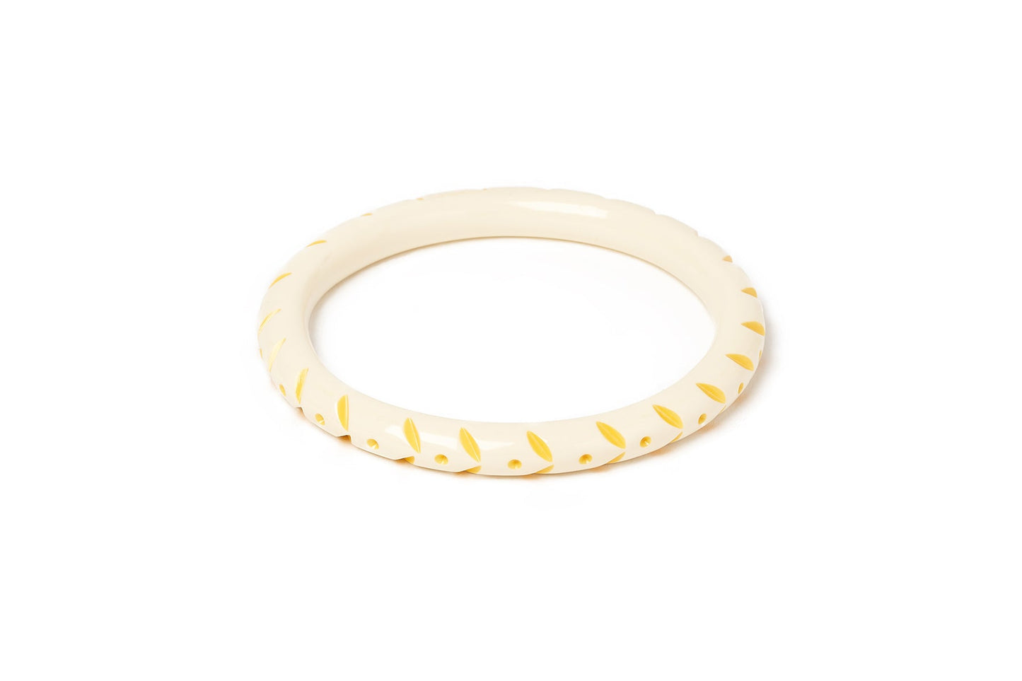 Splendette vintage inspired 1940s style carved yellow pastel fakelite larger size Narrow Primrose Cream Duchess Bangle