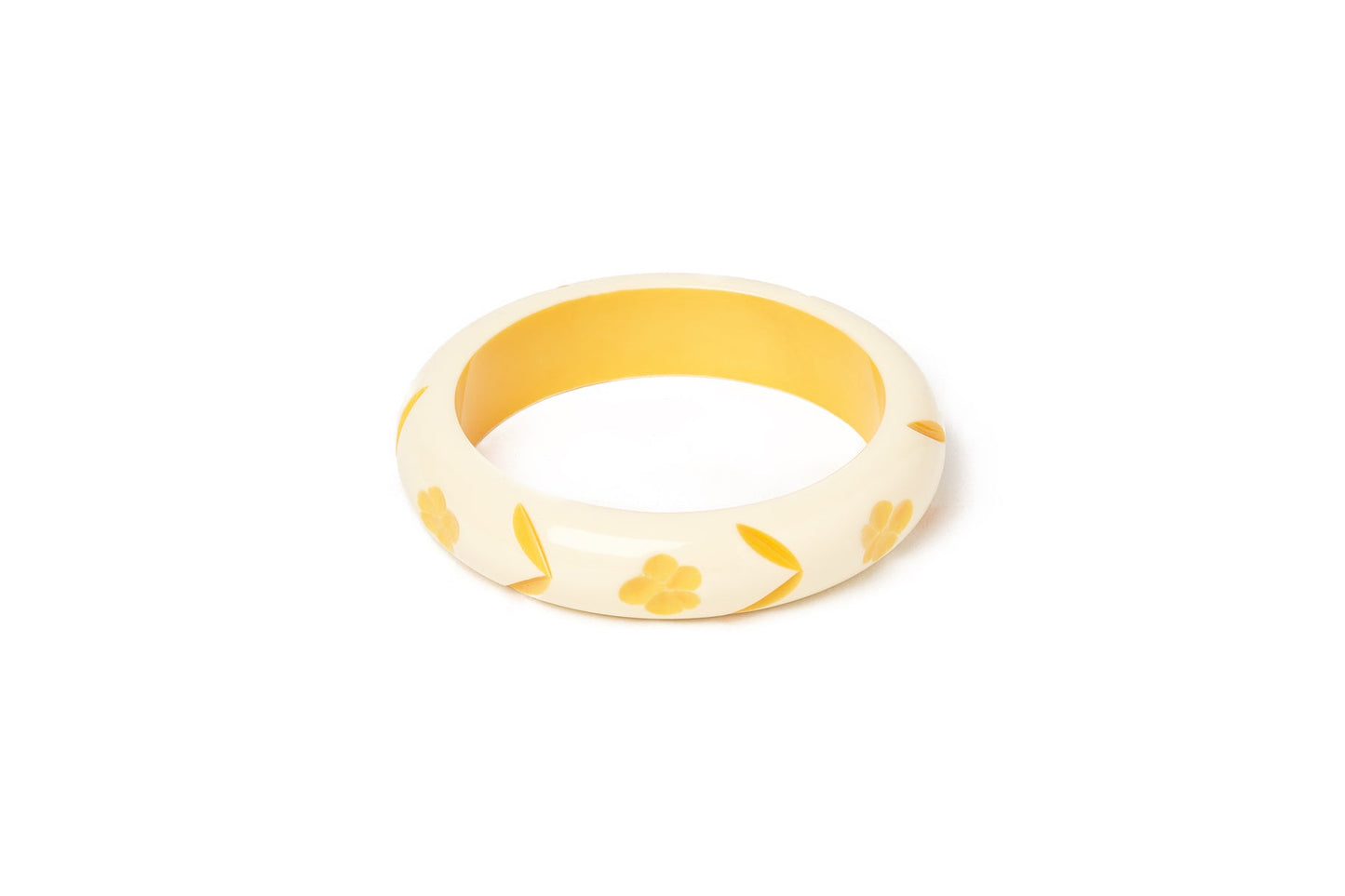 Splendette vintage inspired 1940s style carved yellow pastel fakelite smaller size Midi Primrose Cream Maiden Bangle
