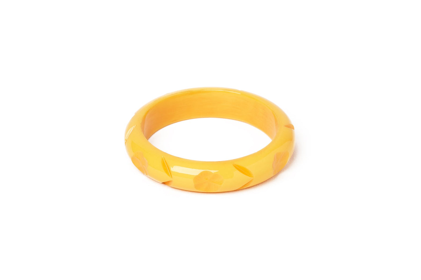 Splendette vintage inspired 1940s style carved yellow pastel fakelite smaller size Midi Primrose Maiden Bangle