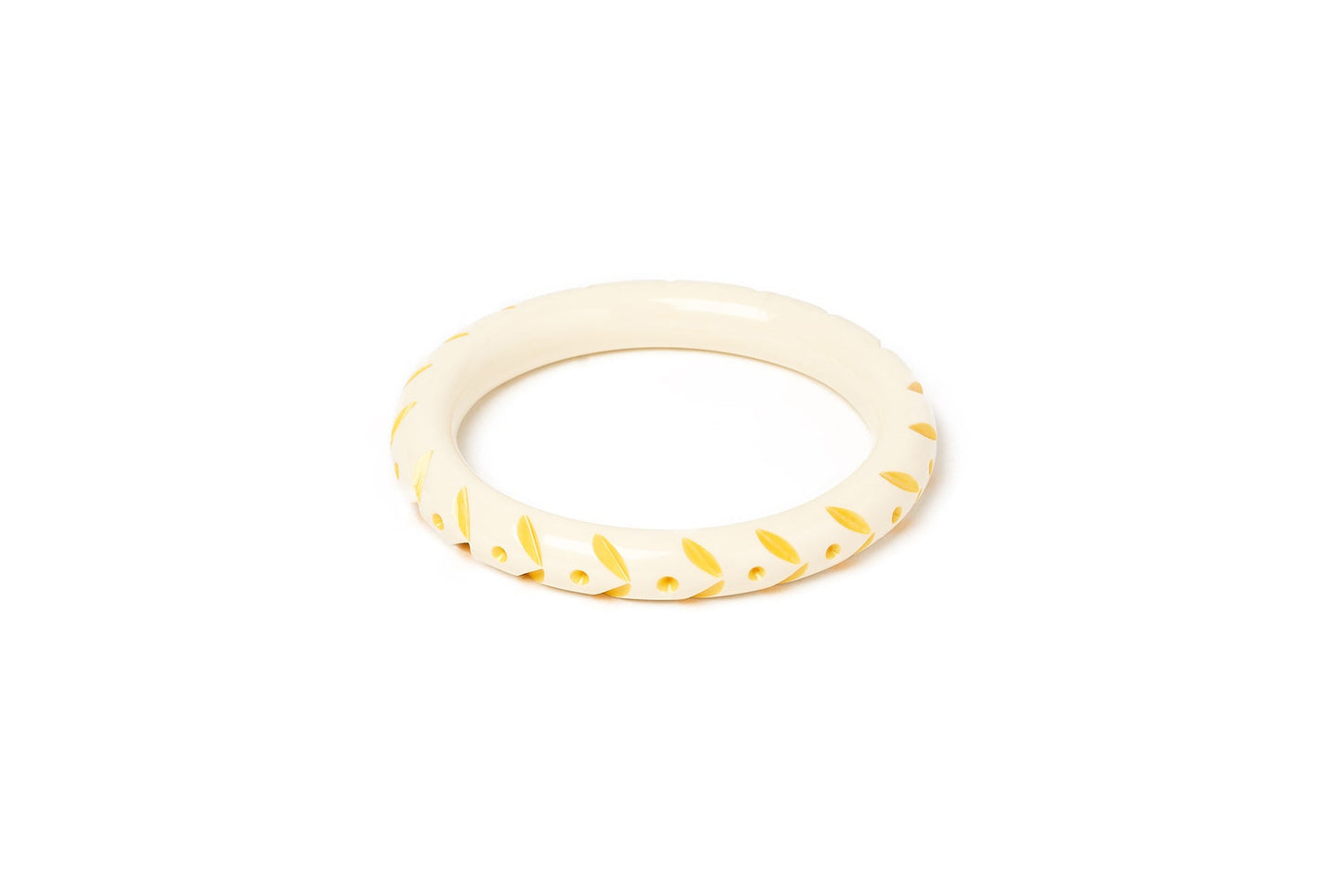 Splendette vintage inspired 1940s style carved yellow pastel fakelite smaller size Narrow Primrose Cream Maiden Bangle