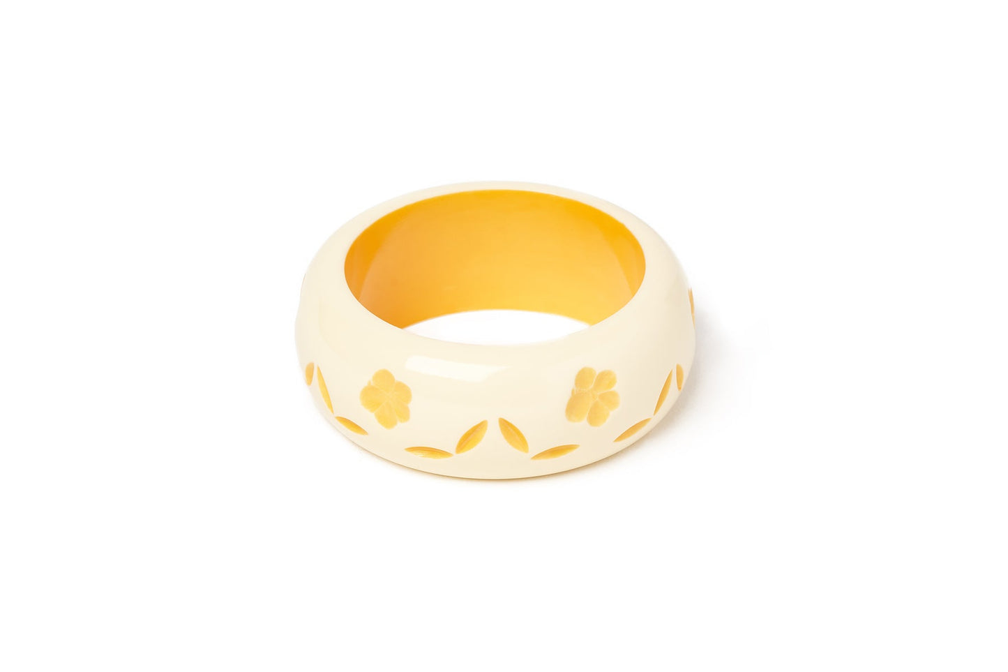 Splendette vintage inspired 1940s style carved yellow pastel fakelite smaller size Wide Primrose Cream Duchess Bangle