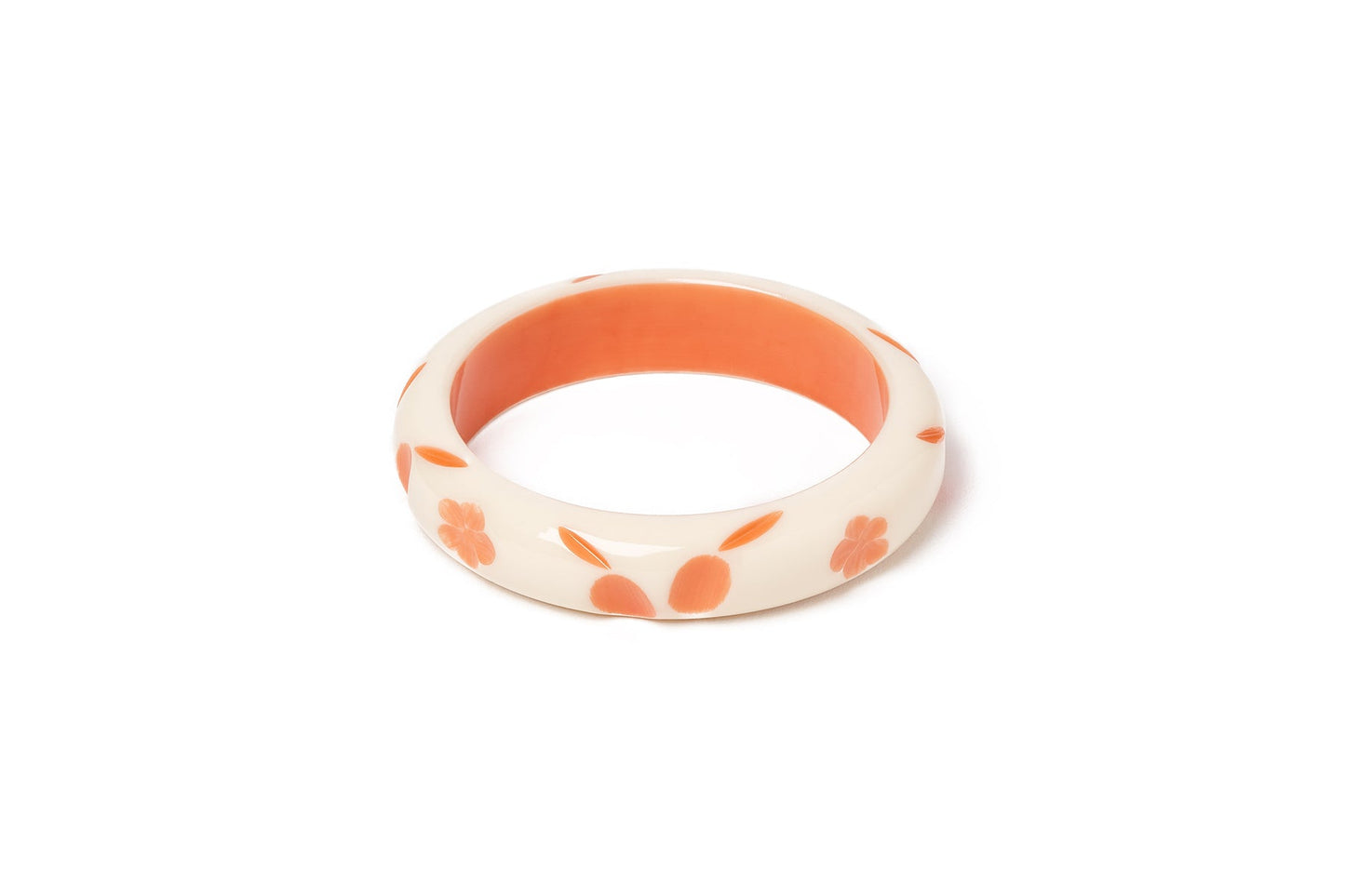 Splendette vintage inspired 1940s style carved peachy orange fakelite smaller size Midi Apricot Cream Maiden Bangle